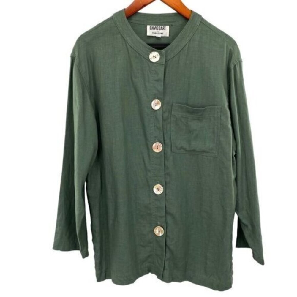 David Dart For Force One Vintage Green Linen Abalone Shell Button Front Top